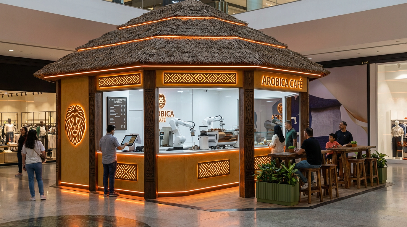 AROBICA hexagonal kiosk in a shopping mall, lit by warm neon, robotic arms preparing coffee