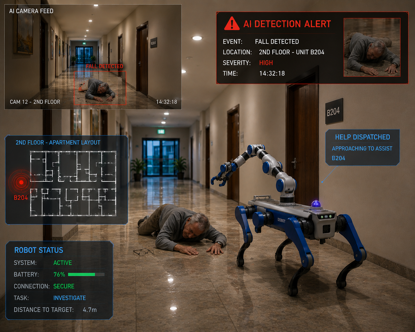 ORIT console detecting a resident fall in a hallway — AI camera feed, alert panel, floor map and the patrol robot dispatched to assist
