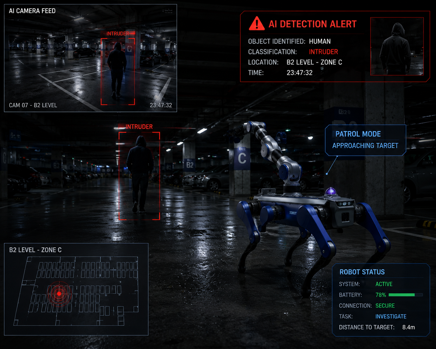 ORIT operator view — AI camera feed detecting an intruder in a parking garage, with live patrol mode and robot telemetry