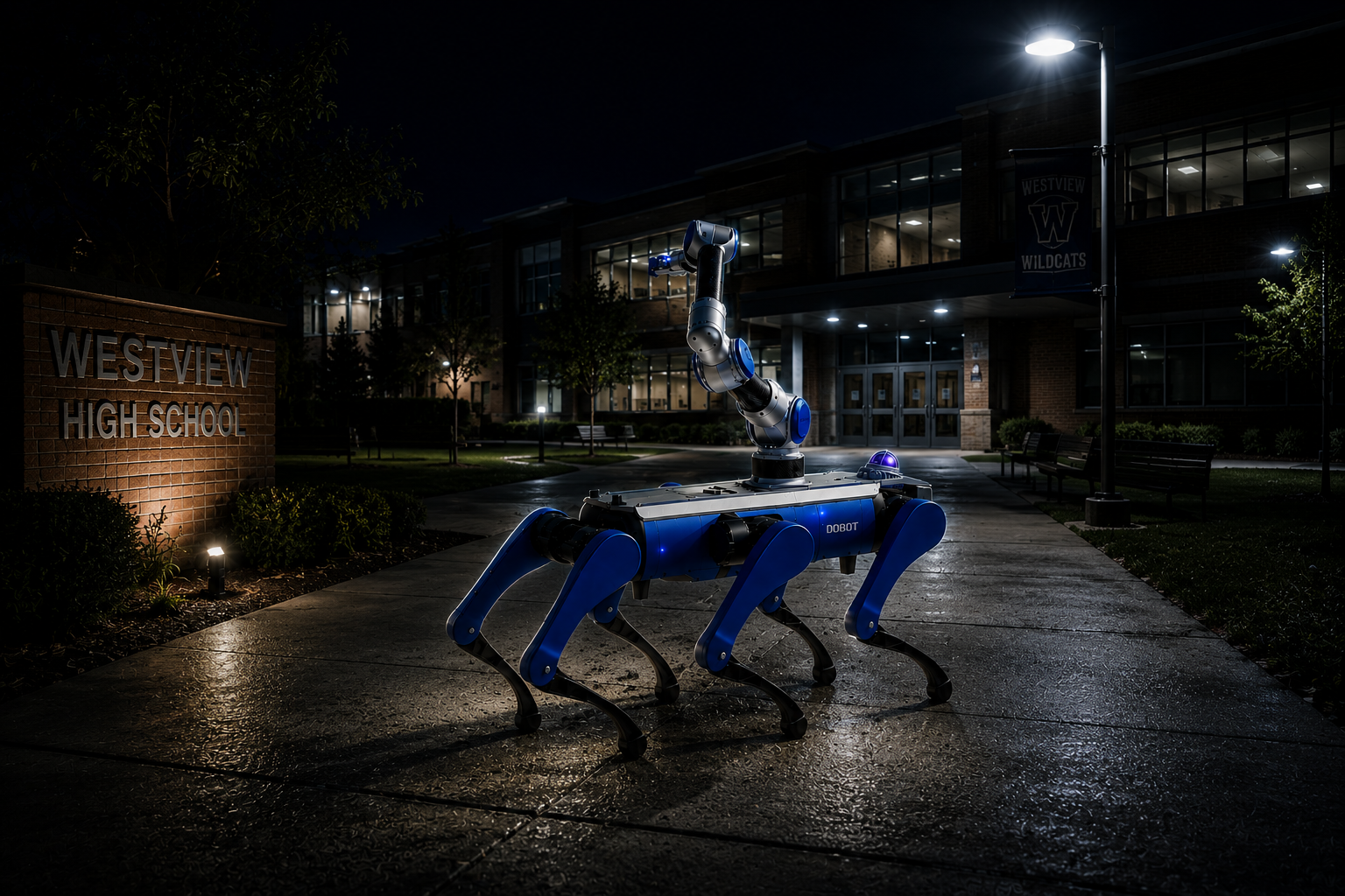 ORIT autonomous quadruped on night patrol outside Westview High School